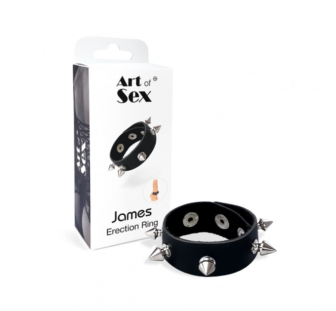 Эрекционное кольцо с шипами из натуральной кожи Art of Sex - James, черный
