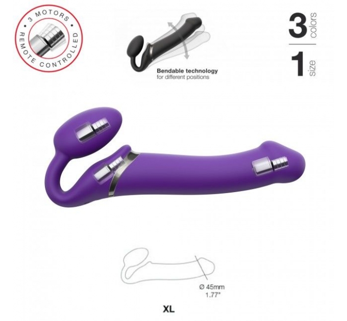 Безремневой страпон с вибрацией Strap-On-Me Vibrating Violet XL, диаметр 4,5см, пульт ДУ, регулируем