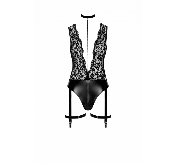 Боди Noir Handmade F297 Libido Deep-V bodysuit with collar, pearl chain and garter - 3XL