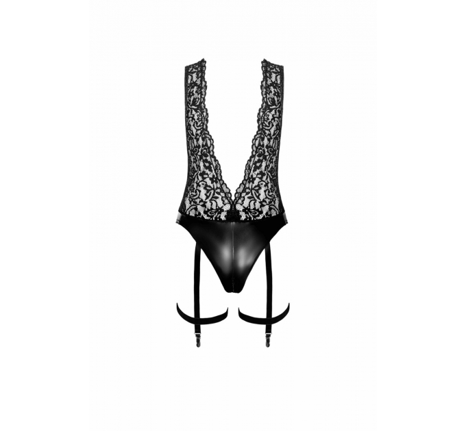 Боди Noir Handmade F297 Libido Deep-V bodysuit with collar, pearl chain and garter - 3XL