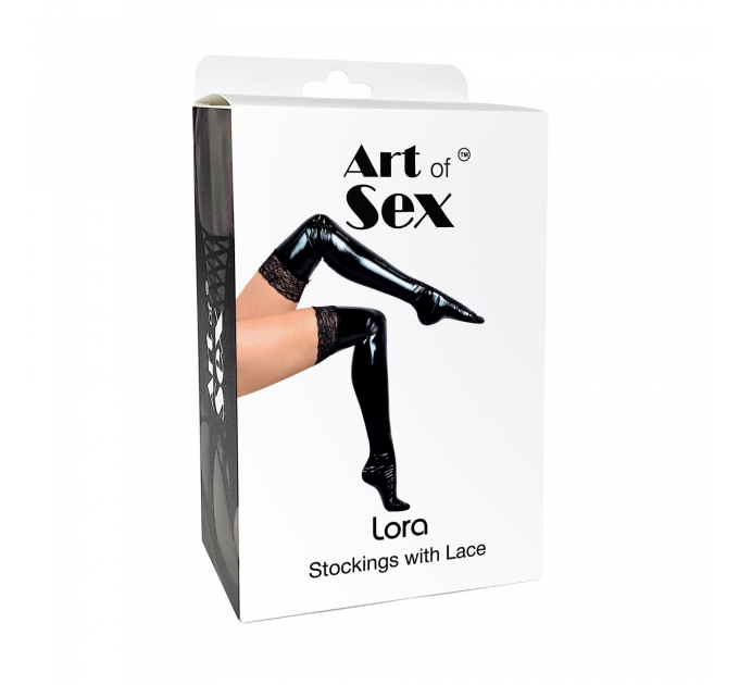 Сексуальные виниловые чулки Art of Sex - Lora с кружевом, размер M, цвет черный