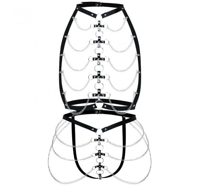 Набор портупея + трусики из кожи с цепочками Art of Sex - Cross, размер L-2XL, цвет черный