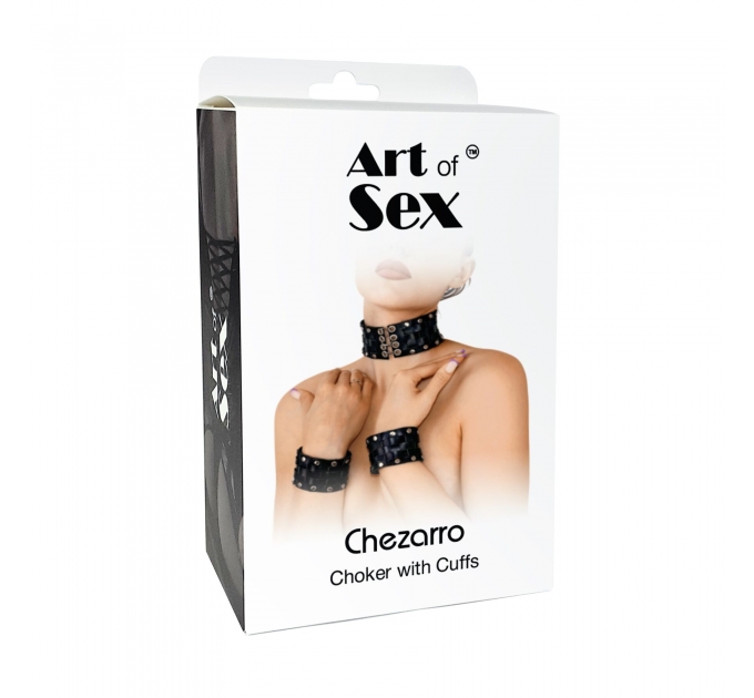 Кожаный чокер с манжетами Art of Sex - Leather Chezarro
