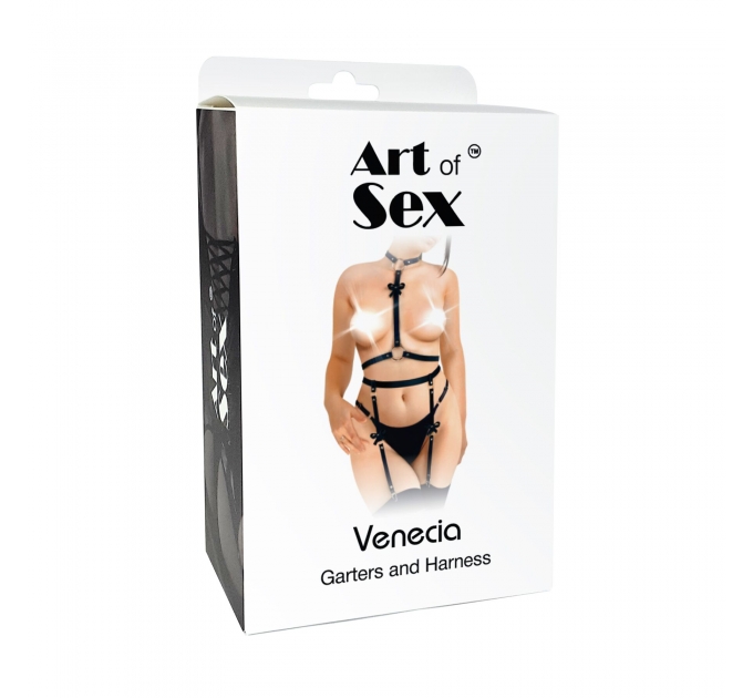 Кожаный набор из портупеи и гартеров Art of Sex - Venecia, размер XS-2XL, цвет Черный