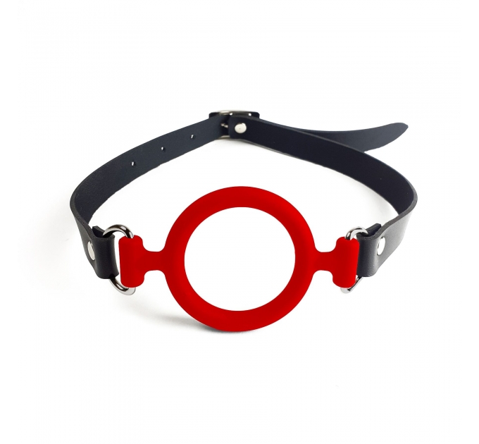 Кляп силиконовое кольцо натуральная кожа, Gag ring внутренний диаметр кольца 40 мм, Красный