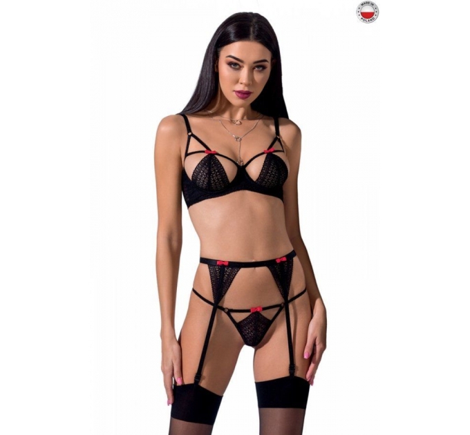 Комплект белья PERDITA SET black L/XL - Passion Exclusive: стрэпы: лиф, стринги и пояс для чулок