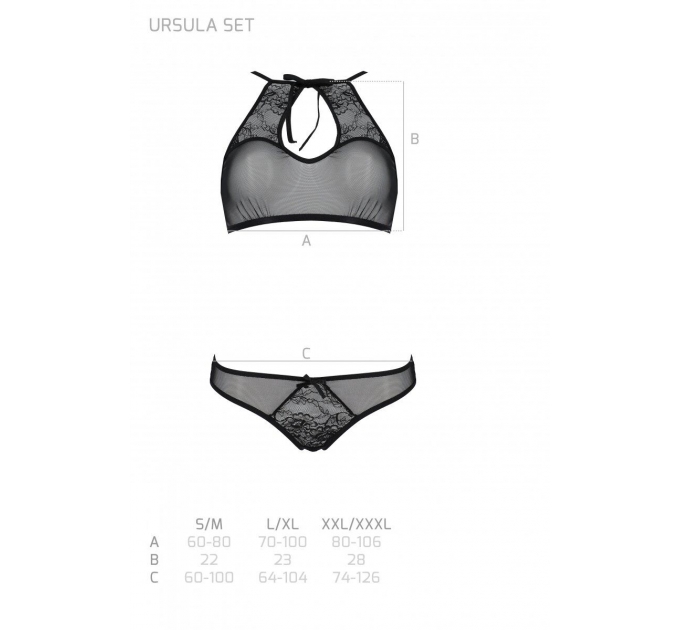 Комплект Passion URSULA SET black L/XL: бра, трусики с ажурным декором и открытым шагом