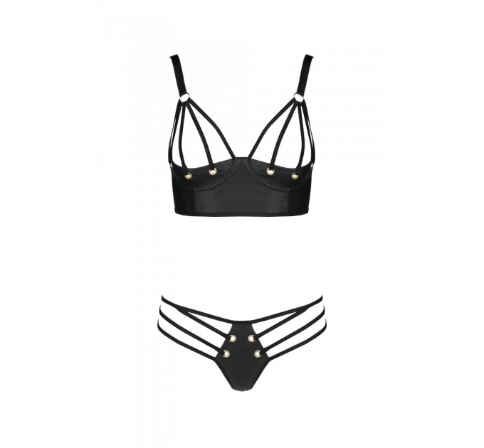 Комплект из эко-кожи Passion Malwia Bikini black S/M: с люверсами и ремешками, бра и трусики