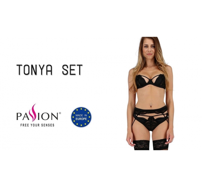 Комплект белья TONYA SET black L/XL - Passion Exclusive: трусики, лиф, пояс для чулок