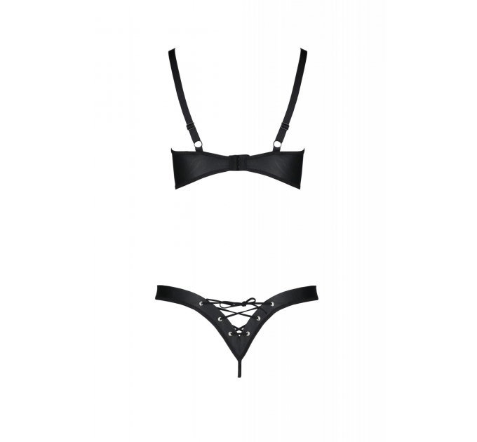 Комплект из экокожи CELINE BIKINI 6XL/7XL — Passion: открытый бра с лентами, стринги со шнуровкой