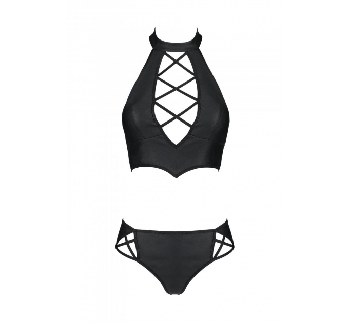 Комплект из эко-кожи: бра и трусики с имитацией шнуровки Nancy Bikini black XXL/XXXL - Passion