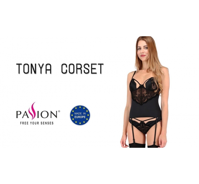 Корсет с пажами TONYA CORSET black S/M - Passion Exclusive, трусики