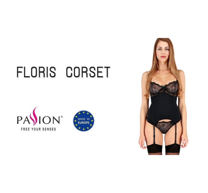 Корсет с пажами FLORIS CORSET black L/XL - Passion Exclusive, трусики