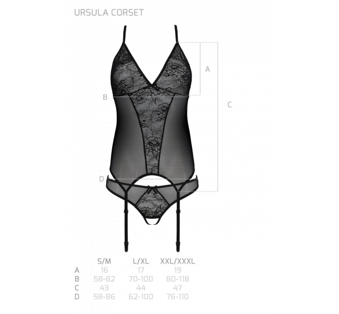 Корсет Passion Ursula Corset black L/XL, с пажами, трусики с ажурным декором и открытым шагом