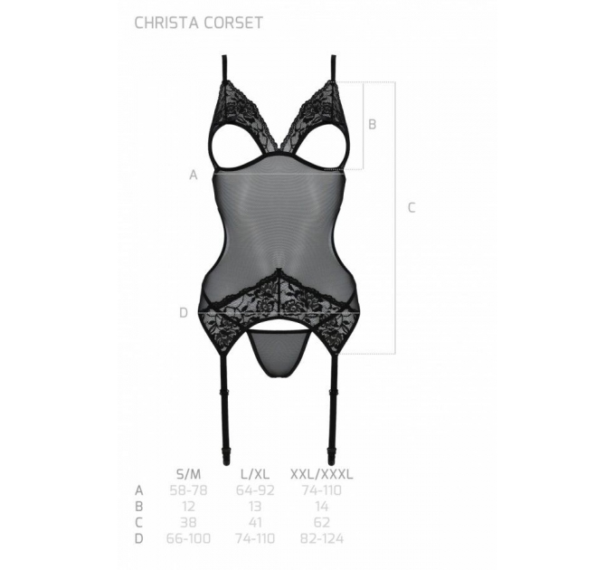 Корсет Passion Christa Corset black L/XL: с подвязками и ажурным лифом, стринги в комплекте