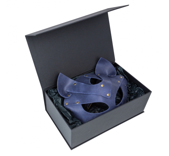 Премиум маска кошечки LOVECRAFT, натуральная кожа, голубая, подарочная упаковка