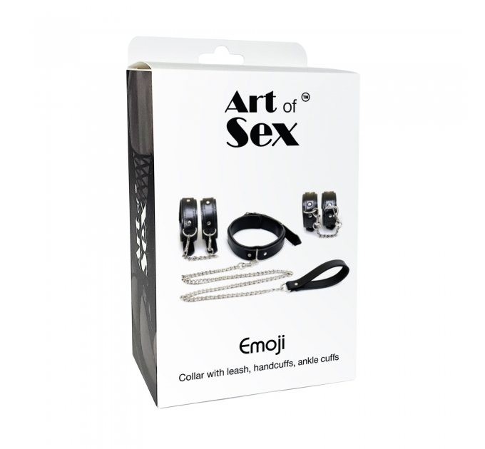 BDSM набор из 3х элементов Art of Sex - Emoji, наручники, поножи, ошейник с поводком, Эко кожа, цвет