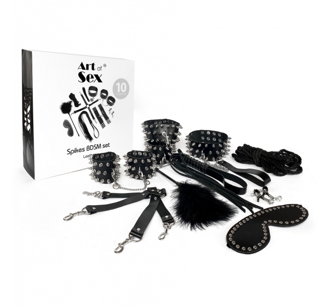 Набор Art of Sex - Spikes BDSM Set Leather, 10 предметов, натуральная кожа, Черный