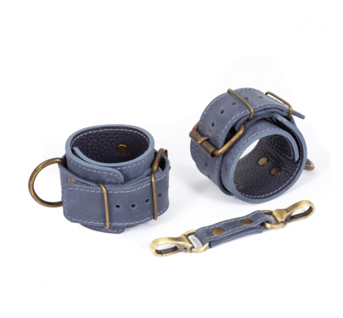 Премиум наручники LOVECRAFT голубые, натуральная кожа, в подарочной упаковке
