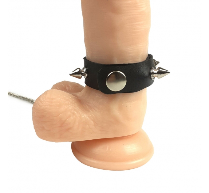 Кольцо для пениса Penis Ring с шипами и поводком, натуральная кожа