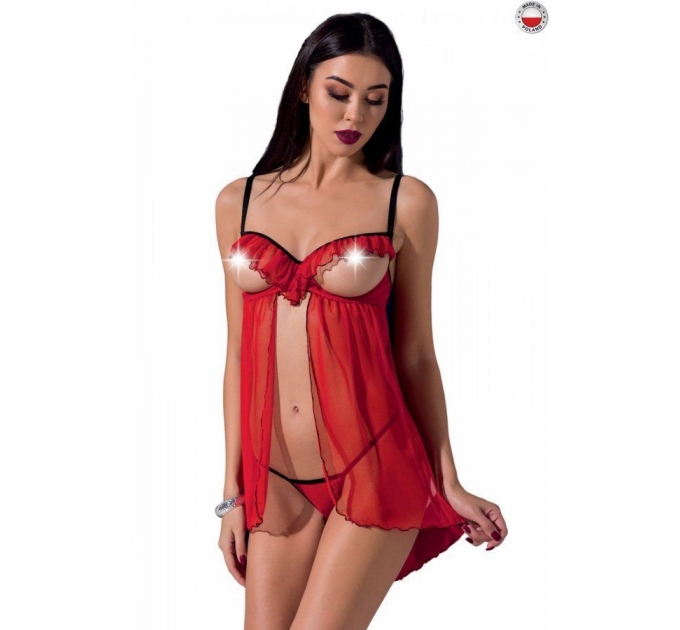 Прозрачный пеньюар с открытой грудью CHERRY CHEMISE red S/M - Passion Exclusive, трусики