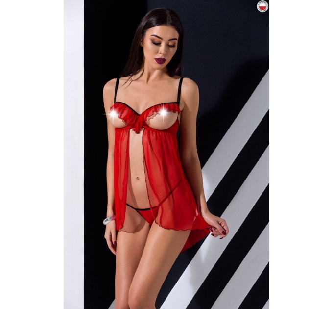 Прозрачный пеньюар с открытой грудью CHERRY CHEMISE red S/M - Passion Exclusive, трусики