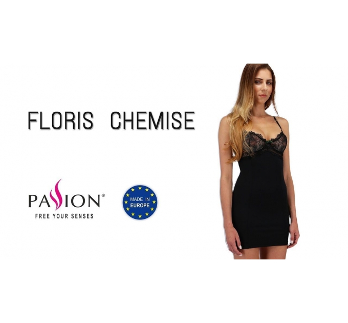 Сорочка приталенная с чашечками FLORIS CHEMISE black XXL/XXXL - Passion Exclusive, трусики