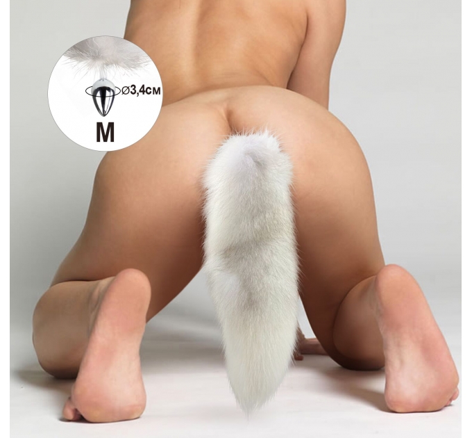 Металлическая анальная пробка с хвостом из натурального меха Art of Sex size M White fox