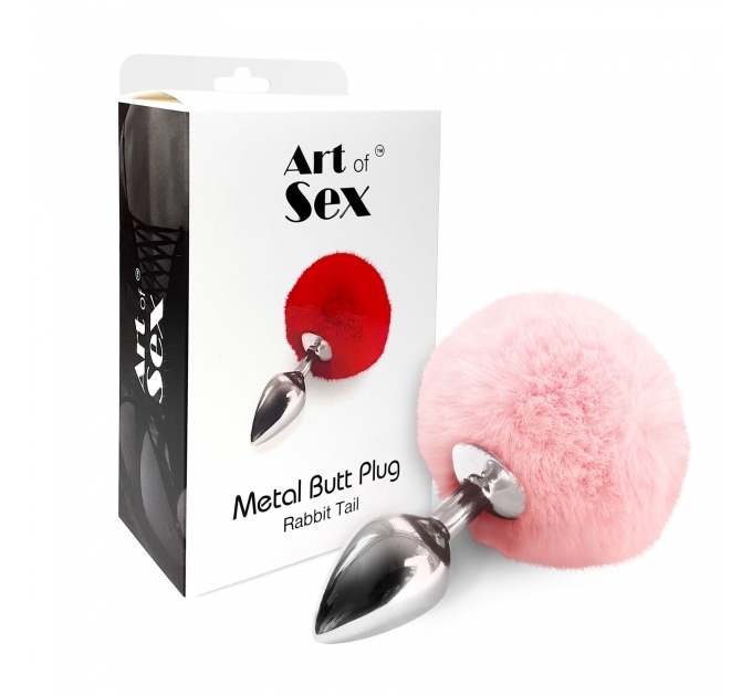 Металлическая анальная пробка М Art of Sex - Metal Butt plug Rabbit Tail, Нежно-розовый