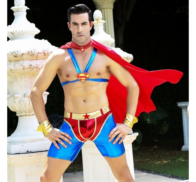 Мужской эротический костюм супермена "Готовый на всё Стив" S/M: плащ, портупея, шорты, манжеты
