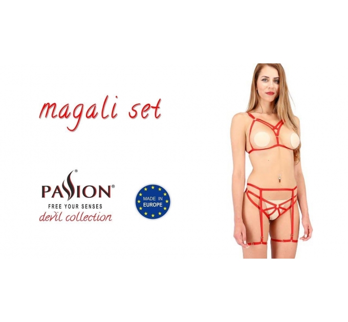Комплект белья MAGALI SET OpenBra red S/M - Passion Exclusive: стрэпы: лиф, трусики и пояс
